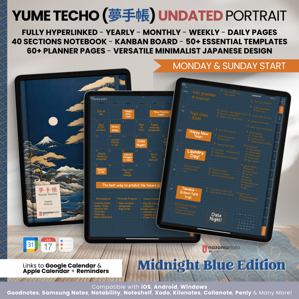 Dated Academic 2025 Digital Planner Yume Techo NozomuNoto Notebook Daily Weekly Monthly Calendar Japanese Multipurpose Minimalist ADHD Bullet Journal Hyperlinked PDF Goodnotes Notability Portrait Android iPad Student Noteshelf Samsung Notes Hobonichi