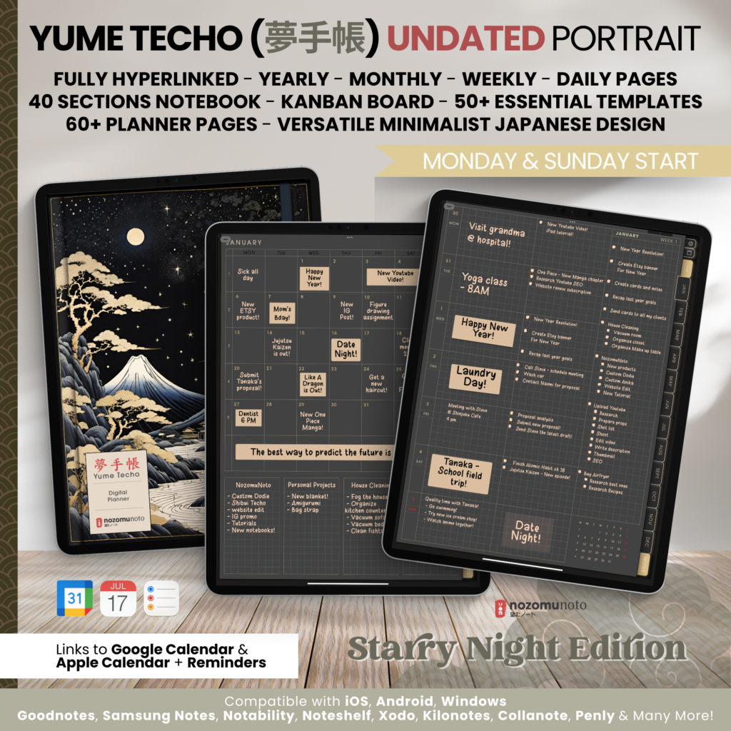 Dated Academic 2025 Digital Planner Yume Techo NozomuNoto Notebook Daily Weekly Monthly Calendar Japanese Multipurpose Minimalist ADHD Bullet Journal Hyperlinked PDF Goodnotes Notability Portrait Android iPad Student Noteshelf Samsung Notes Hobonichi