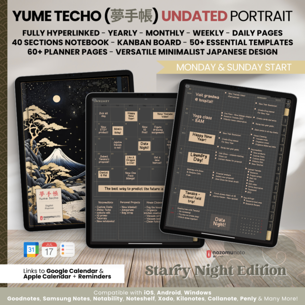 Dated Academic 2025 Digital Planner Yume Techo NozomuNoto Notebook Daily Weekly Monthly Calendar Japanese Multipurpose Minimalist ADHD Bullet Journal Hyperlinked PDF Goodnotes Notability Portrait Android iPad Student Noteshelf Samsung Notes Hobonichi