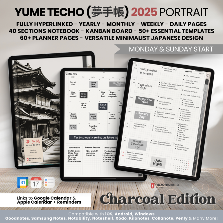 2025 Digital Planner Yume Techo NozomuNoto Notebook Daily Weekly Monthly Calendar Japanese Multipurpose Minimalist ADHD Bullet Journal Hyperlinked PDF Goodnotes Notability Portrait Android iPad Student Study Noteshelf Samsung Notes Hobonichi