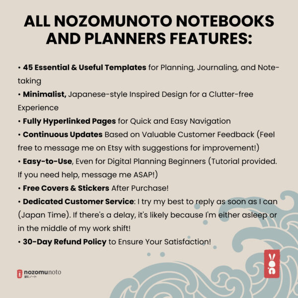 Digital Planner Shibui Techo NozomuNoto Notebook Weekly Monthly Calendar Japanese Multipurpose Minimalist ADHD Bullet Journal Hyperlinked PDF Goodnotes Notability Landscape Android iPad Student Study Noteshelf Samsung Notes Xodo