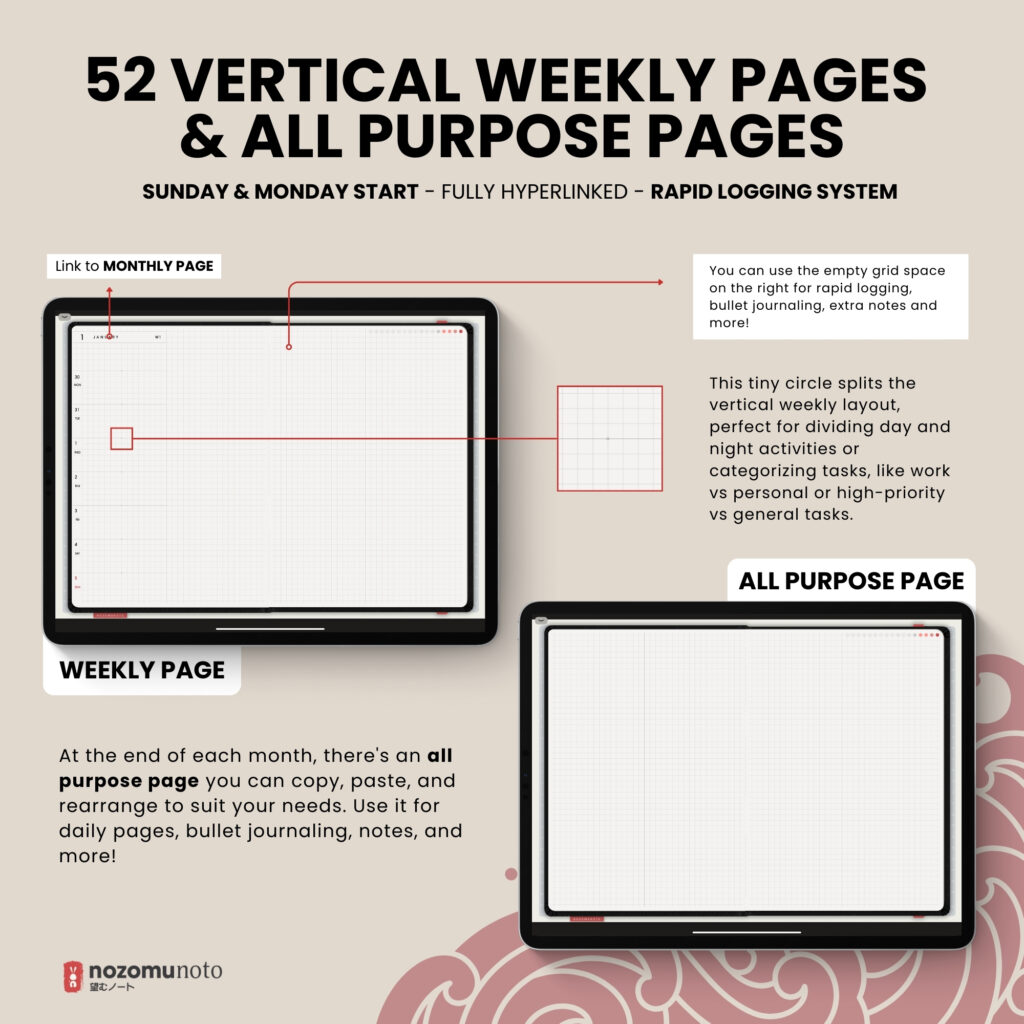 Digital Planner Shibui Techo NozomuNoto Notebook Weekly Monthly Calendar Japanese Multipurpose Minimalist ADHD Bullet Journal Hyperlinked PDF Goodnotes Notability Landscape Android iPad Student Study Noteshelf Samsung Notes Xodo