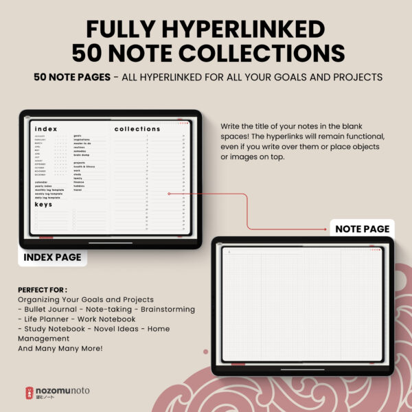 Digital Planner Shibui Techo NozomuNoto Notebook Weekly Monthly Calendar Japanese Multipurpose Minimalist ADHD Bullet Journal Hyperlinked PDF Goodnotes Notability Landscape Android iPad Student Study Noteshelf Samsung Notes Xodo