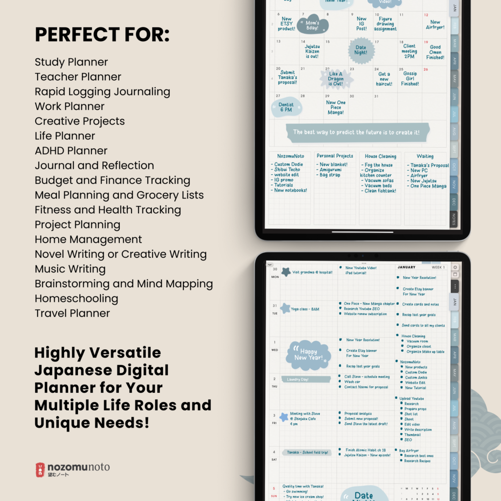 2025 Digital Planner Yume Techo NozomuNoto Notebook Daily Weekly Monthly Calendar Japanese Multipurpose Minimalist ADHD Bullet Journal Hyperlinked PDF Goodnotes Notability Portrait Android iPad Student Study Noteshelf Samsung Notes Hobonichi