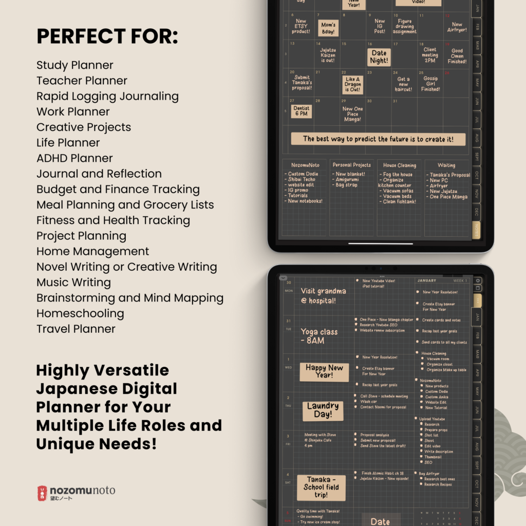 2025 Digital Planner Yume Techo NozomuNoto Notebook Daily Weekly Monthly Calendar Japanese Multipurpose Minimalist ADHD Bullet Journal Hyperlinked PDF Goodnotes Notability Portrait Android iPad Student Study Noteshelf Samsung Notes Hobonichi