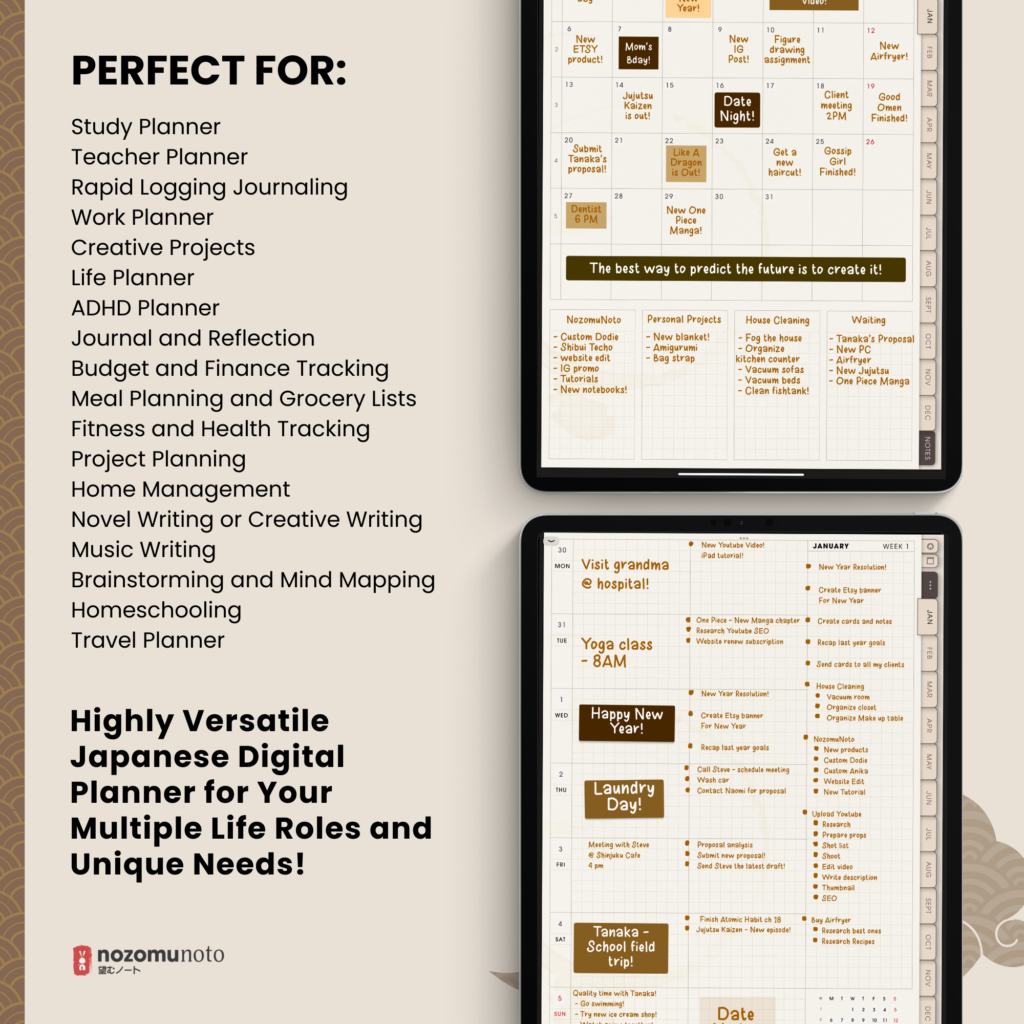 Dated Academic 2025 Digital Planner Yume Techo NozomuNoto Notebook Daily Weekly Monthly Calendar Japanese Multipurpose Minimalist ADHD Bullet Journal Hyperlinked PDF Goodnotes Notability Portrait Android iPad Student Noteshelf Samsung Notes Hobonichi