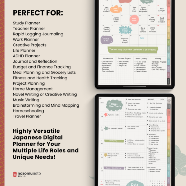 Dated Academic 2025 Digital Planner Yume Techo NozomuNoto Notebook Daily Weekly Monthly Calendar Japanese Multipurpose Minimalist ADHD Bullet Journal Hyperlinked PDF Goodnotes Notability Portrait Android iPad Student Noteshelf Samsung Notes Hobonichi