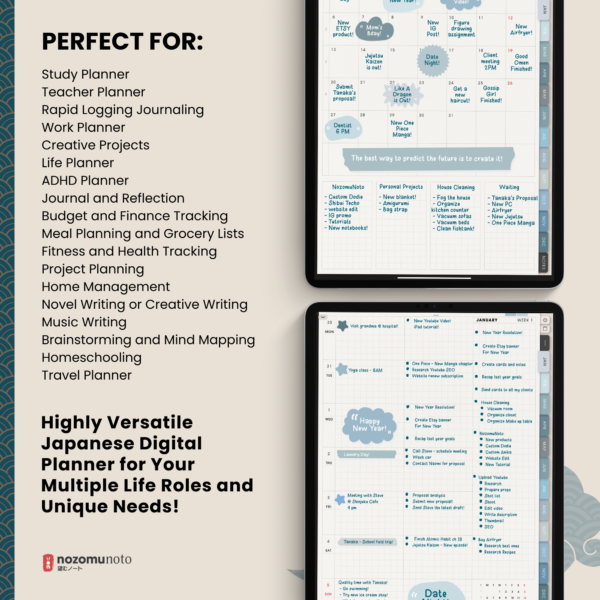 Dated Academic 2025 Digital Planner Yume Techo NozomuNoto Notebook Daily Weekly Monthly Calendar Japanese Multipurpose Minimalist ADHD Bullet Journal Hyperlinked PDF Goodnotes Notability Portrait Android iPad Student Noteshelf Samsung Notes Hobonichi