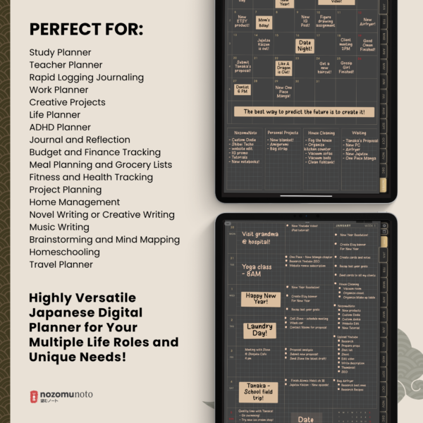 Dated Academic 2025 Digital Planner Yume Techo NozomuNoto Notebook Daily Weekly Monthly Calendar Japanese Multipurpose Minimalist ADHD Bullet Journal Hyperlinked PDF Goodnotes Notability Portrait Android iPad Student Noteshelf Samsung Notes Hobonichi