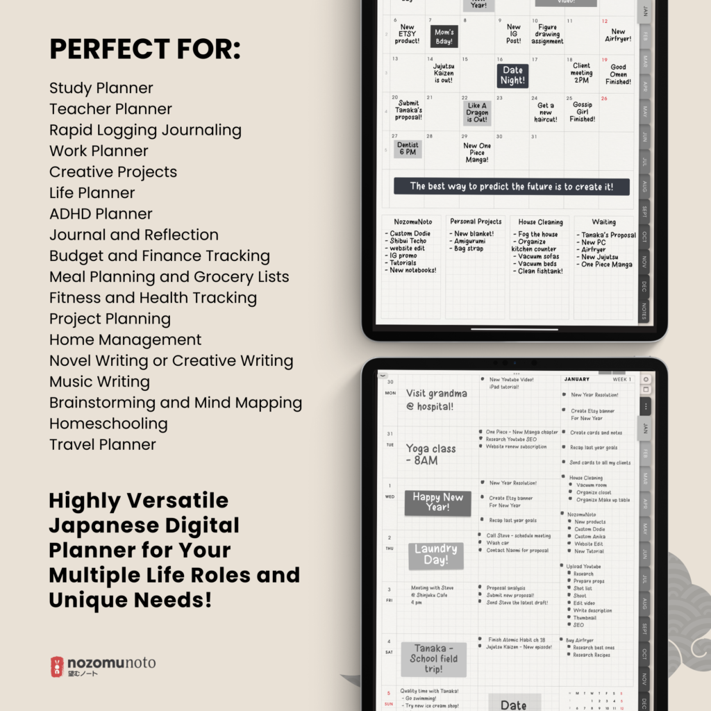 2025 Digital Planner Yume Techo NozomuNoto Notebook Daily Weekly Monthly Calendar Japanese Multipurpose Minimalist ADHD Bullet Journal Hyperlinked PDF Goodnotes Notability Portrait Android iPad Student Study Noteshelf Samsung Notes Hobonichi