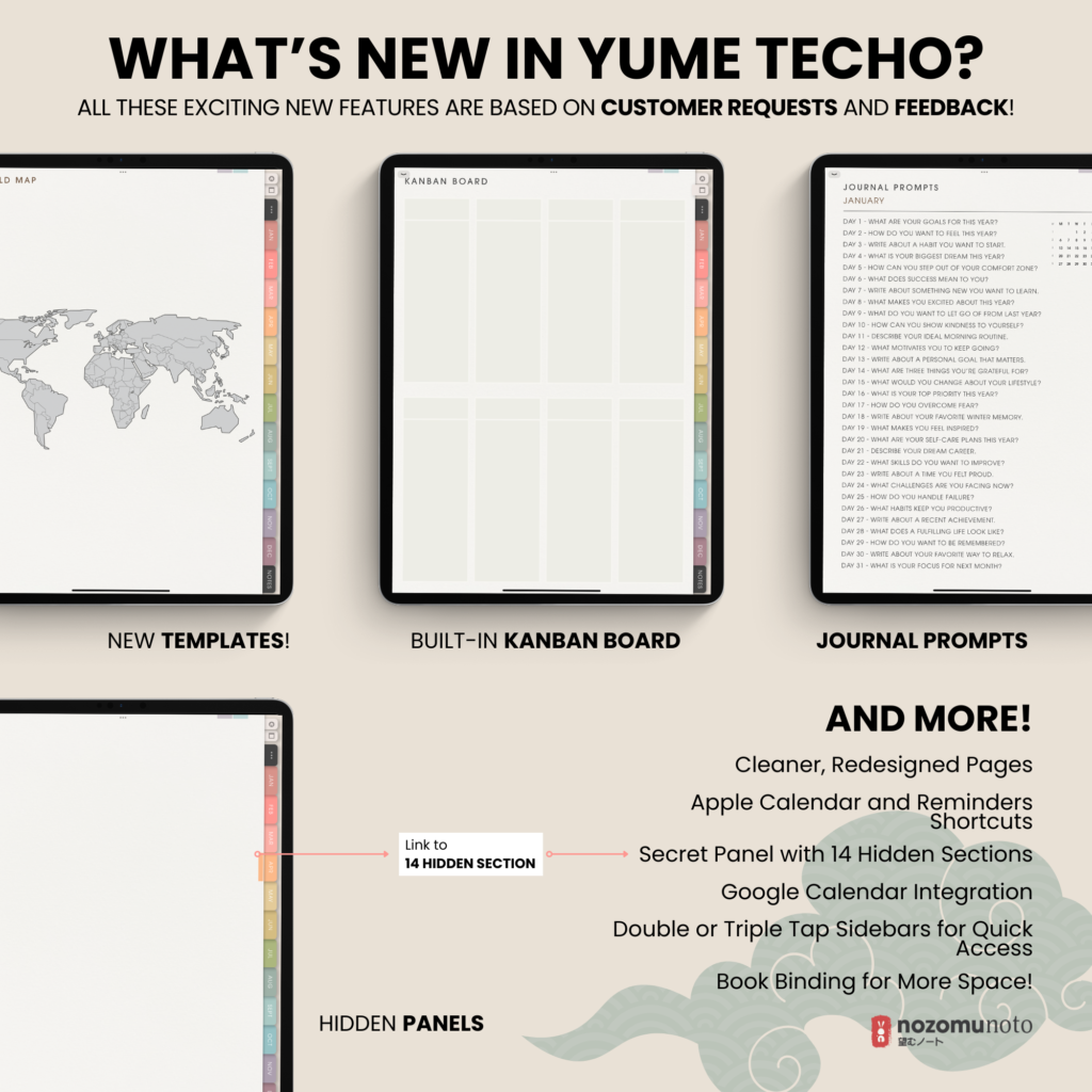 2025 Digital Planner Yume Techo NozomuNoto Notebook Daily Weekly Monthly Calendar Japanese Multipurpose Minimalist ADHD Bullet Journal Hyperlinked PDF Goodnotes Notability Portrait Android iPad Student Study Noteshelf Samsung Notes Hobonichi