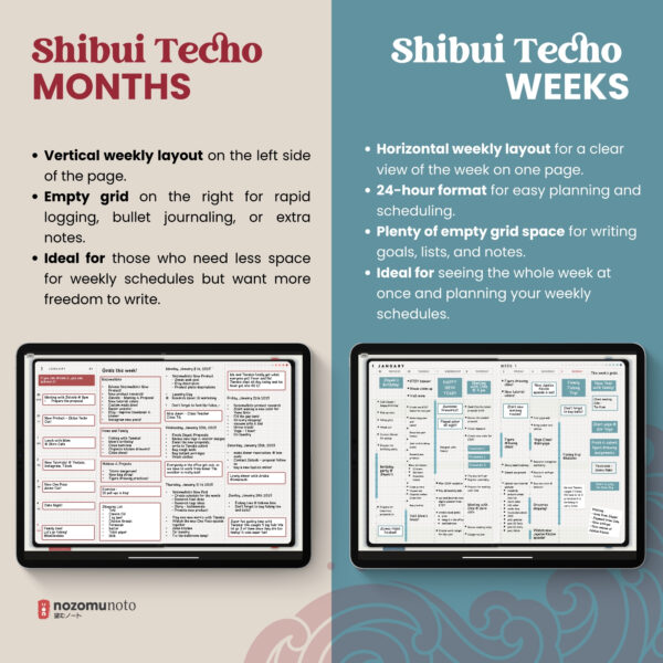 Digital Planner Shibui Techo NozomuNoto Notebook Weekly Monthly Calendar Japanese Multipurpose Minimalist ADHD Bullet Journal Hyperlinked PDF Goodnotes Notability Landscape Android iPad Student Study Noteshelf Samsung Notes Xodo