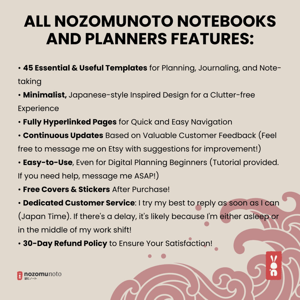 Digital Planner Shibui Techo NozomuNoto Notebook Weekly Monthly Calendar Japanese Multipurpose Minimalist ADHD Bullet Journal Hyperlinked PDF Goodnotes Notability Landscape Android iPad Student Study Noteshelf Samsung Notes Xodo