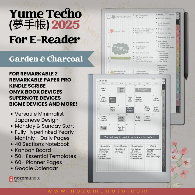 2025 Digital Planner Yume Techo Remarkable 2 Paper Pro Onyx Boox Supernote Bigme Kindle Scribe NozomuNoto Notebook Daily Weekly Monthly Calendar Japanese Multipurpose Minimalist ADHD Bullet Journal Hyperlinked PDF Student Study Hobonichi