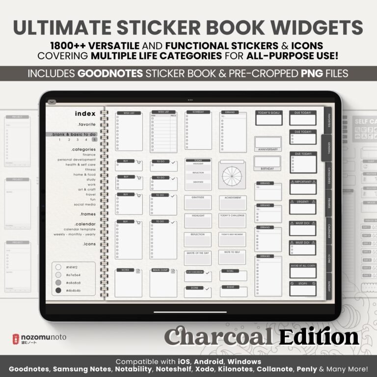 Ultimate Digital Stickers Stickerbook Widget NozomuNoto Japanese Multipurpose Minimalist Calendar ADHD Bullet Journal png Goodnotes Notability Android Tablet iPad finance work study travel health Noteshelf Samsung Xodo