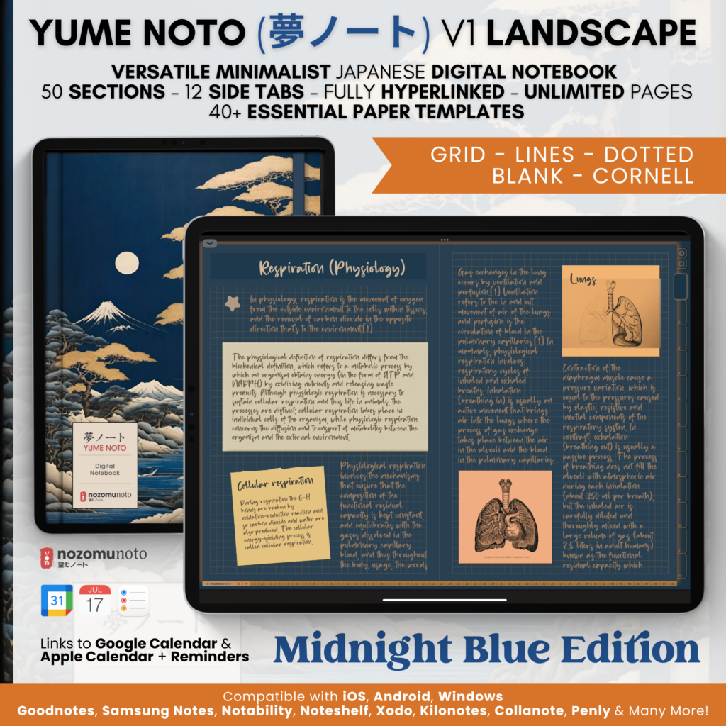 Digital Notebook V1 Landscape Yume Noto NozomuNoto Japanese Multipurpose Minimalist ADHD Bullet Journal Hyperlinked PDF Goodnotes Notability Android Tablet iPad Student Study Teacher Travel Cornell Grid Lines Dotted Template Noteshelf Samsung Xodo