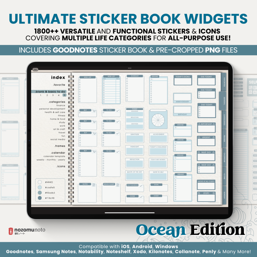 Ultimate Digital Stickers Stickerbook Widget NozomuNoto Japanese Multipurpose Minimalist Calendar ADHD Bullet Journal png Goodnotes Notability Android Tablet iPad finance work study travel health Noteshelf Samsung Xodo
