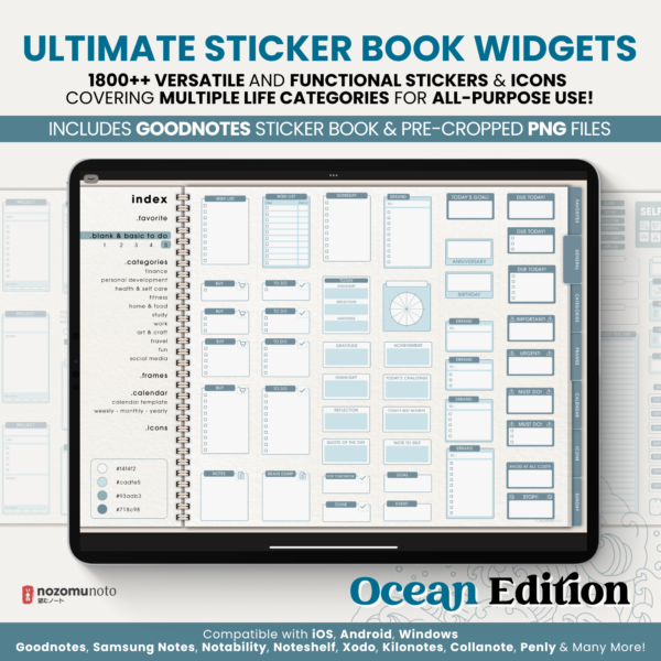 Ultimate Digital Stickers Stickerbook Widget NozomuNoto Japanese Multipurpose Minimalist Calendar ADHD Bullet Journal png Goodnotes Notability Android Tablet iPad finance work study travel health Noteshelf Samsung Xodo