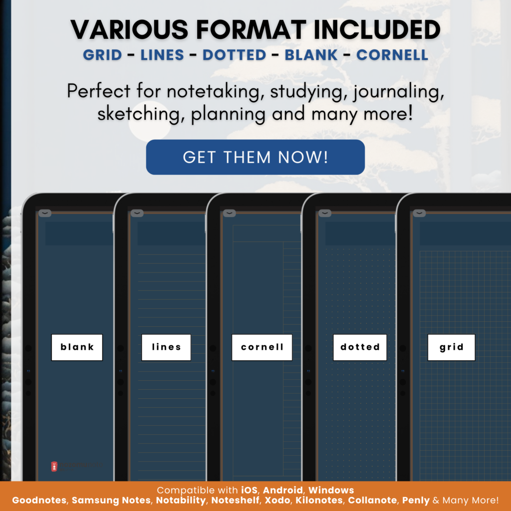 Digital Notebook V1 Landscape Yume Noto NozomuNoto Japanese Multipurpose Minimalist ADHD Bullet Journal Hyperlinked PDF Goodnotes Notability Android Tablet iPad Student Study Teacher Travel Cornell Grid Lines Dotted Template Noteshelf Samsung Xodo