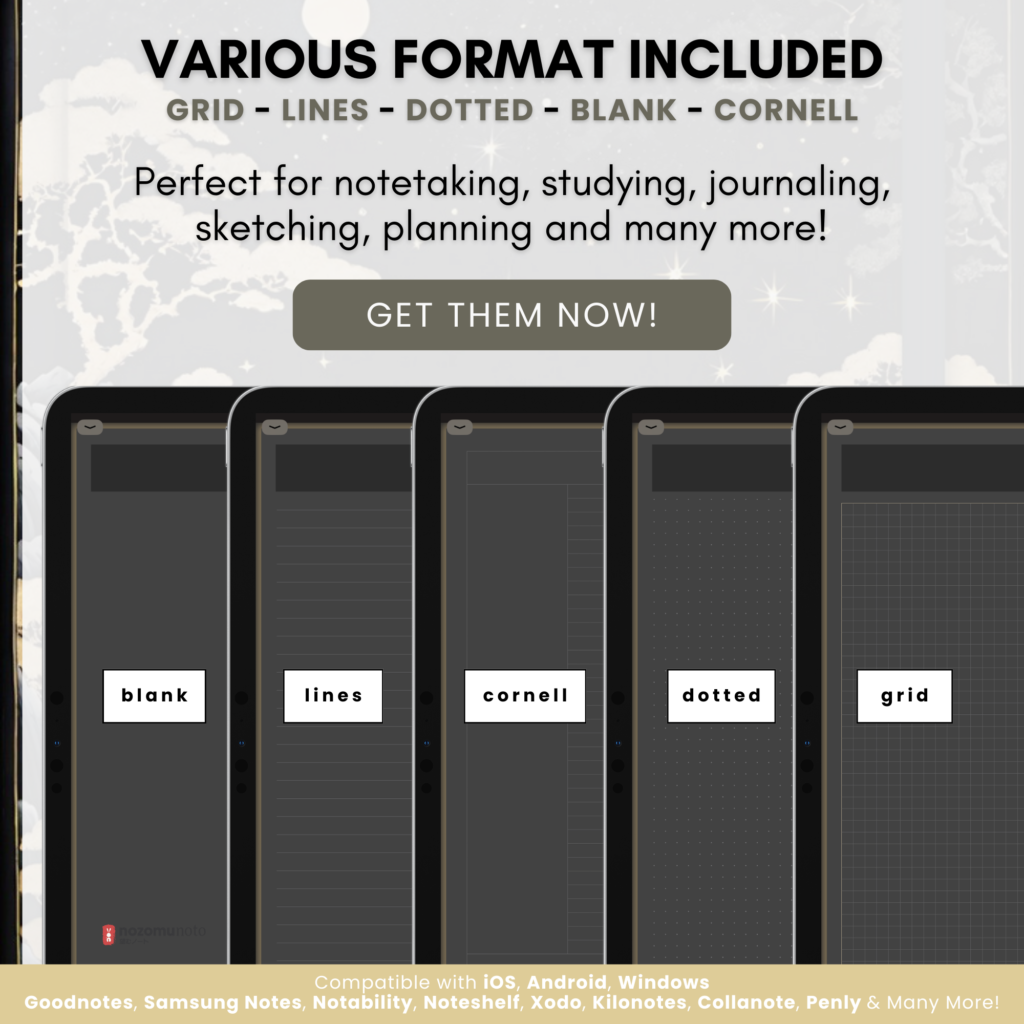 Digital Notebook V1 Landscape Yume Noto NozomuNoto Japanese Multipurpose Minimalist ADHD Bullet Journal Hyperlinked PDF Goodnotes Notability Android Tablet iPad Student Study Teacher Travel Cornell Grid Lines Dotted Template Noteshelf Samsung Xodo