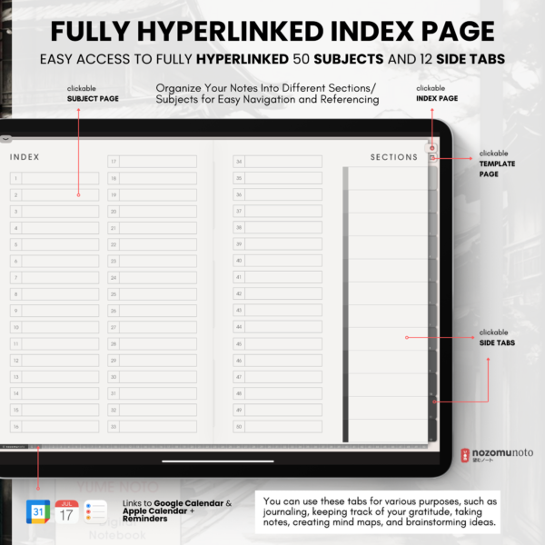 Digital Notebook V1 Landscape Yume Noto NozomuNoto Japanese Multipurpose Minimalist ADHD Bullet Journal Hyperlinked PDF Goodnotes Notability Android Tablet iPad Student Study Teacher Travel Cornell Grid Lines Dotted Template Noteshelf Samsung Xodo