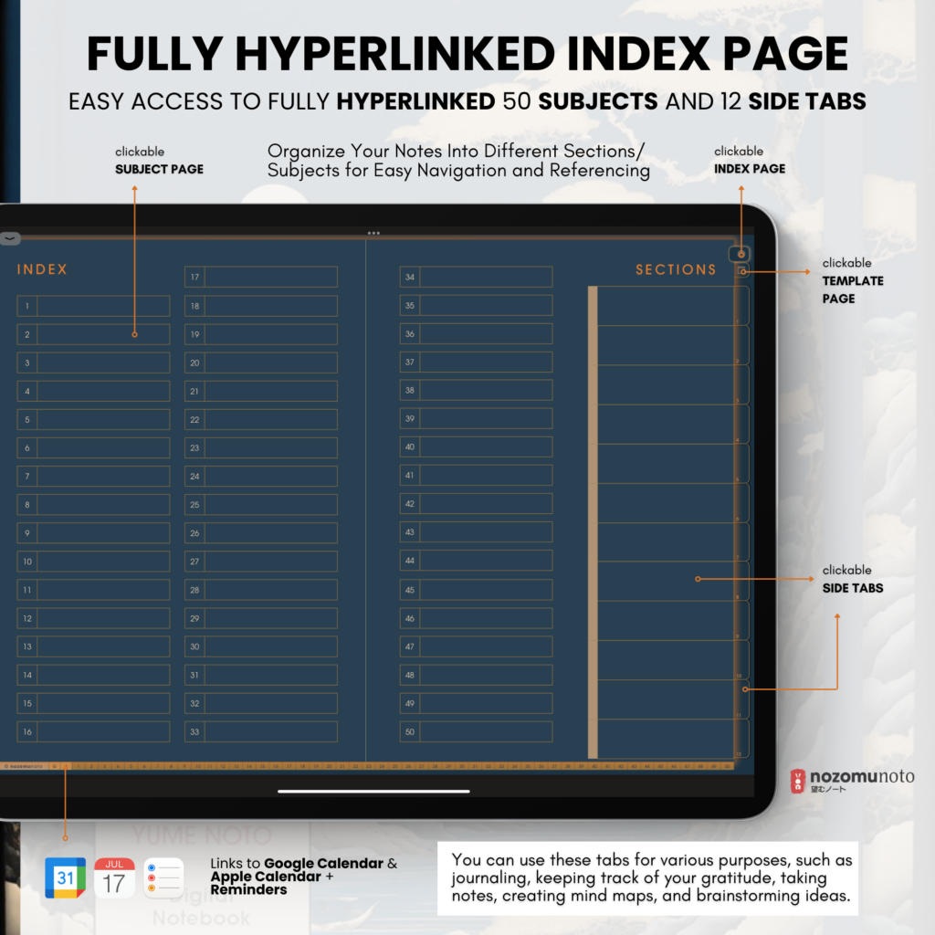 Digital Notebook V1 Landscape Yume Noto NozomuNoto Japanese Multipurpose Minimalist ADHD Bullet Journal Hyperlinked PDF Goodnotes Notability Android Tablet iPad Student Study Teacher Travel Cornell Grid Lines Dotted Template Noteshelf Samsung Xodo