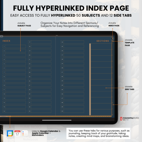 Digital Notebook V1 Landscape Yume Noto NozomuNoto Japanese Multipurpose Minimalist ADHD Bullet Journal Hyperlinked PDF Goodnotes Notability Android Tablet iPad Student Study Teacher Travel Cornell Grid Lines Dotted Template Noteshelf Samsung Xodo