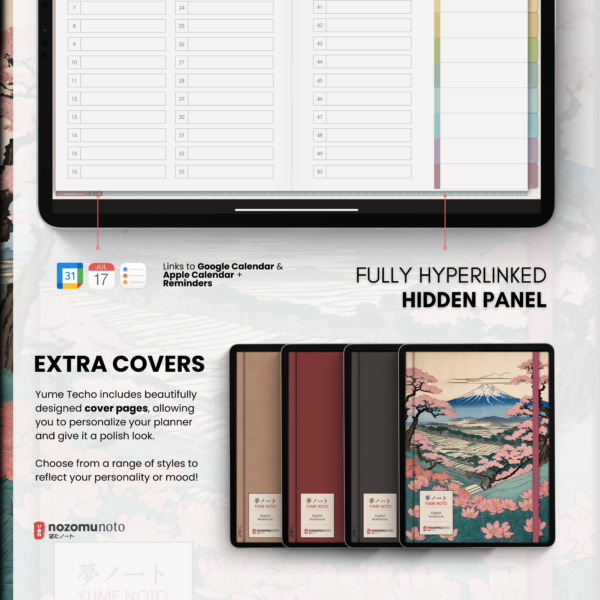 Digital Notebook V1 Landscape Yume Noto NozomuNoto Japanese Multipurpose Minimalist ADHD Bullet Journal Hyperlinked PDF Goodnotes Notability Android Tablet iPad Student Study Teacher Travel Cornell Grid Lines Dotted Template Noteshelf Samsung Xodo
