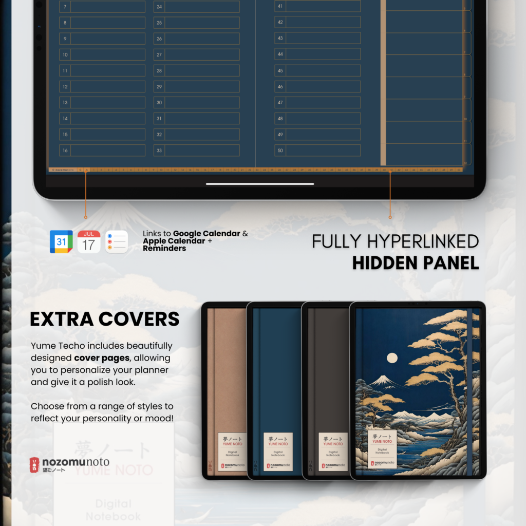 Digital Notebook V1 Landscape Yume Noto NozomuNoto Japanese Multipurpose Minimalist ADHD Bullet Journal Hyperlinked PDF Goodnotes Notability Android Tablet iPad Student Study Teacher Travel Cornell Grid Lines Dotted Template Noteshelf Samsung Xodo