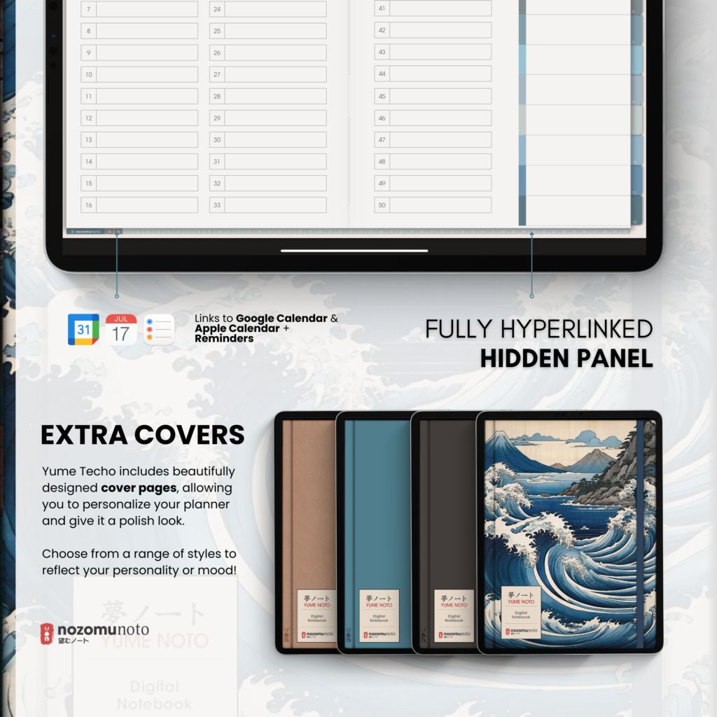Digital Notebook V1 Landscape Yume Noto NozomuNoto Japanese Multipurpose Minimalist ADHD Bullet Journal Hyperlinked PDF Goodnotes Notability Android Tablet iPad Student Study Teacher Travel Cornell Grid Lines Dotted Template Noteshelf Samsung Xodo