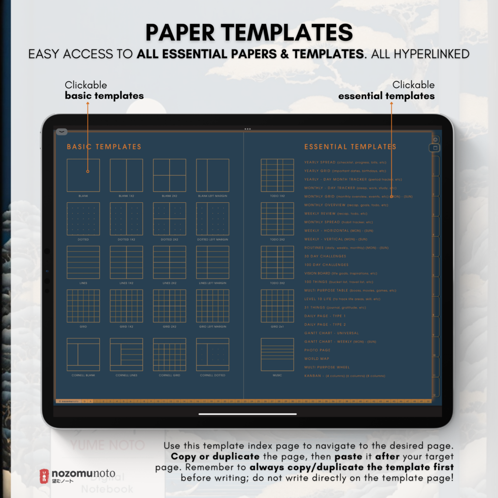 Digital Notebook V1 Landscape Yume Noto NozomuNoto Japanese Multipurpose Minimalist ADHD Bullet Journal Hyperlinked PDF Goodnotes Notability Android Tablet iPad Student Study Teacher Travel Cornell Grid Lines Dotted Template Noteshelf Samsung Xodo