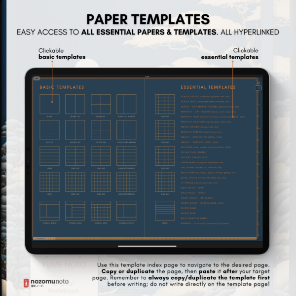 Digital Notebook V1 Landscape Yume Noto NozomuNoto Japanese Multipurpose Minimalist ADHD Bullet Journal Hyperlinked PDF Goodnotes Notability Android Tablet iPad Student Study Teacher Travel Cornell Grid Lines Dotted Template Noteshelf Samsung Xodo