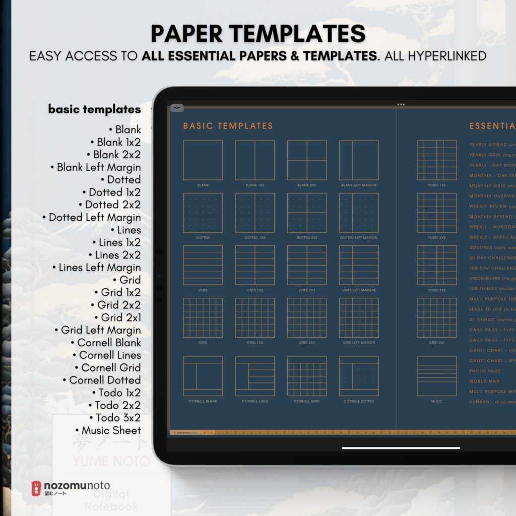 Digital Notebook V1 Landscape Yume Noto NozomuNoto Japanese Multipurpose Minimalist ADHD Bullet Journal Hyperlinked PDF Goodnotes Notability Android Tablet iPad Student Study Teacher Travel Cornell Grid Lines Dotted Template Noteshelf Samsung Xodo