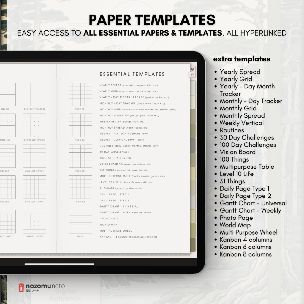Digital Notebook V1 Landscape Yume Noto NozomuNoto Japanese Multipurpose Minimalist ADHD Bullet Journal Hyperlinked PDF Goodnotes Notability Android Tablet iPad Student Study Teacher Travel Cornell Grid Lines Dotted Template Noteshelf Samsung Xodo