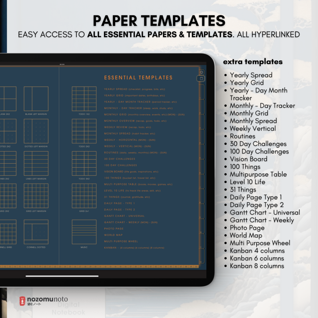 Digital Notebook V1 Landscape Yume Noto NozomuNoto Japanese Multipurpose Minimalist ADHD Bullet Journal Hyperlinked PDF Goodnotes Notability Android Tablet iPad Student Study Teacher Travel Cornell Grid Lines Dotted Template Noteshelf Samsung Xodo