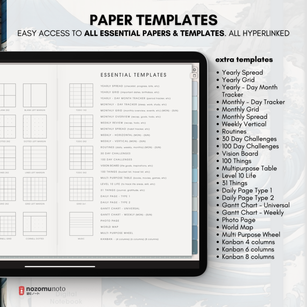Digital Notebook V1 Landscape Yume Noto NozomuNoto Japanese Multipurpose Minimalist ADHD Bullet Journal Hyperlinked PDF Goodnotes Notability Android Tablet iPad Student Study Teacher Travel Cornell Grid Lines Dotted Template Noteshelf Samsung Xodo