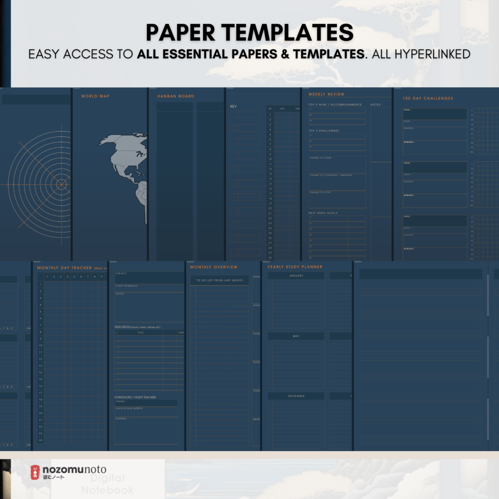 Digital Notebook V1 Landscape Yume Noto NozomuNoto Japanese Multipurpose Minimalist ADHD Bullet Journal Hyperlinked PDF Goodnotes Notability Android Tablet iPad Student Study Teacher Travel Cornell Grid Lines Dotted Template Noteshelf Samsung Xodo