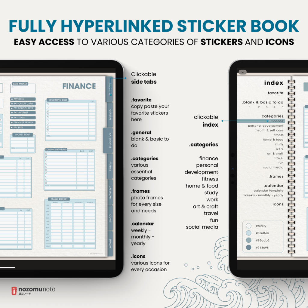 Ultimate Digital Stickers Stickerbook Widget NozomuNoto Japanese Multipurpose Minimalist Calendar ADHD Bullet Journal png Goodnotes Notability Android Tablet iPad finance work study travel health Noteshelf Samsung Xodo