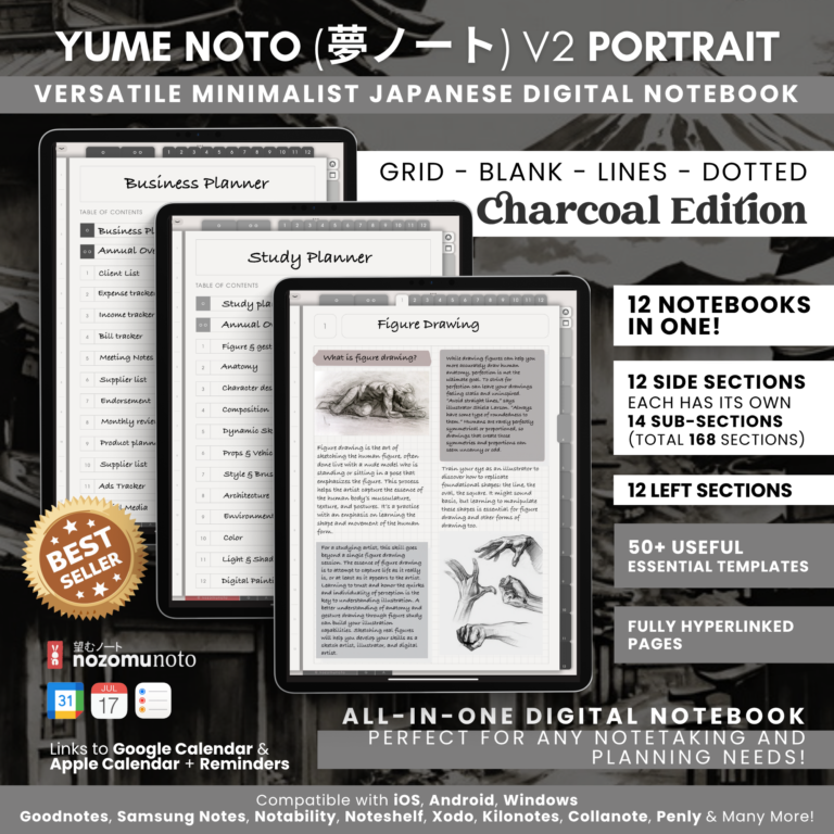Digital Notebook V2 Yume Noto NozomuNoto Japanese Multipurpose Minimalist ADHD Bullet Journal Hyperlinked PDF Goodnotes Notability Android Tablet iPad Student Study Teacher Travel Cornell Grid Lines Dotted Template Noteshelf Noteful Kilonotes Collanote Zoomnotes Samsung Xodo