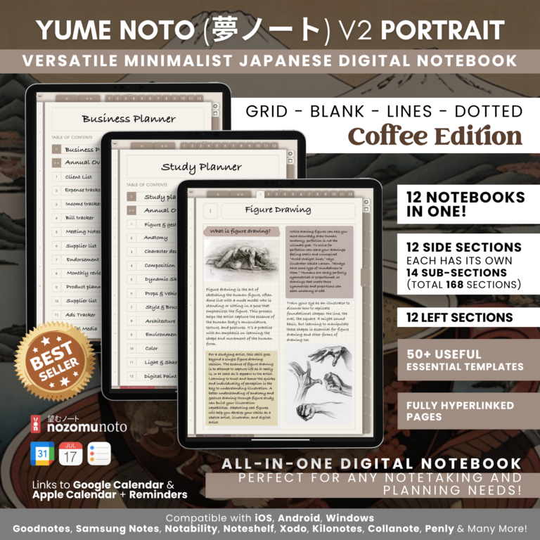 Digital Notebook V2 Yume Noto NozomuNoto Japanese Multipurpose Minimalist ADHD Bullet Journal Hyperlinked PDF Goodnotes Notability Android Tablet iPad Student Study Teacher Travel Cornell Grid Lines Dotted Template Noteshelf Noteful Kilonotes Collanote Zoomnotes Samsung Xodo