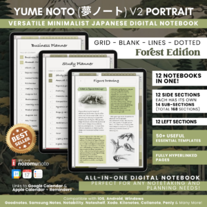 Digital Notebook V2 Yume Noto NozomuNoto Japanese Multipurpose Minimalist ADHD Bullet Journal Hyperlinked PDF Goodnotes Notability Android Tablet iPad Student Study Teacher Travel Cornell Grid Lines Dotted Template Noteshelf Noteful Kilonotes Collanote Zoomnotes Samsung Xodo