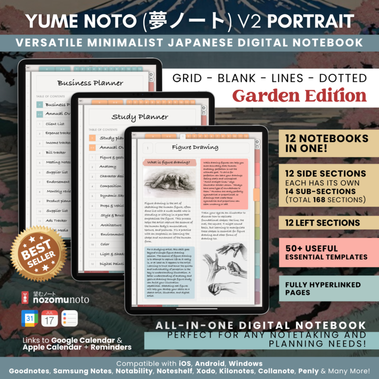 Digital Notebook V2 Yume Noto NozomuNoto Japanese Multipurpose Minimalist ADHD Bullet Journal Hyperlinked PDF Goodnotes Notability Android Tablet iPad Student Study Teacher Travel Cornell Grid Lines Dotted Template Noteshelf Noteful Kilonotes Collanote Zoomnotes Samsung Xodo