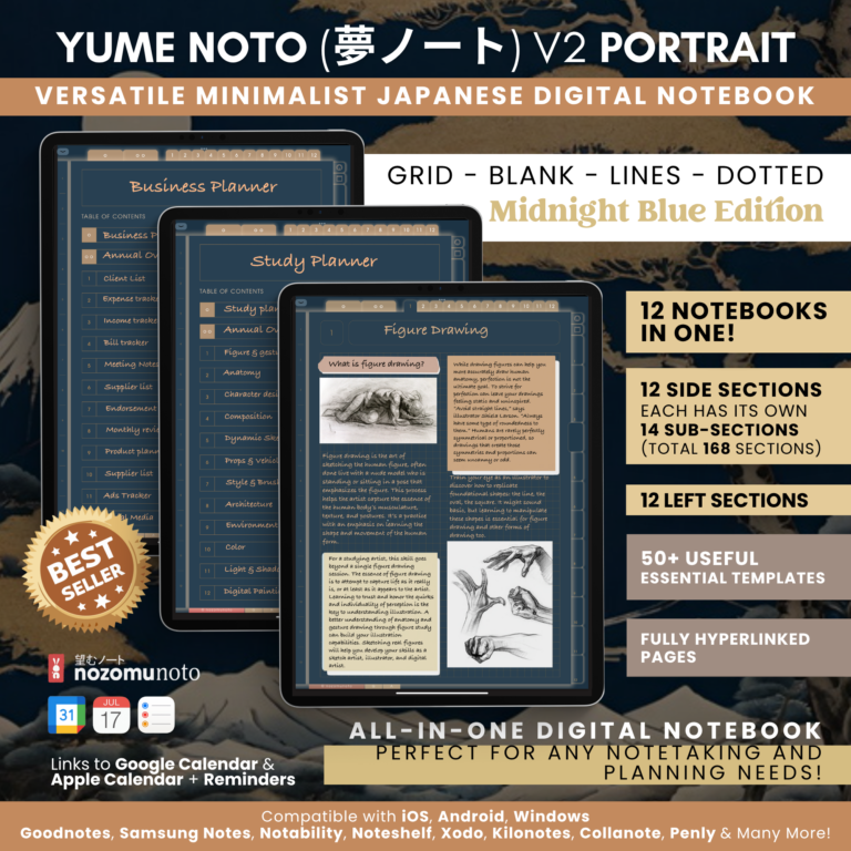 Digital Notebook V2 Yume Noto NozomuNoto Japanese Multipurpose Minimalist ADHD Bullet Journal Hyperlinked PDF Goodnotes Notability Android Tablet iPad Student Study Teacher Travel Cornell Grid Lines Dotted Template Noteshelf Noteful Kilonotes Collanote Zoomnotes Samsung Xodo