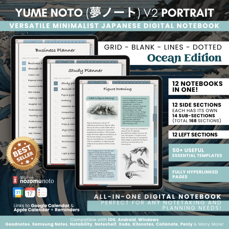 Digital Notebook V2 Yume Noto NozomuNoto Japanese Multipurpose Minimalist ADHD Bullet Journal Hyperlinked PDF Goodnotes Notability Android Tablet iPad Student Study Teacher Travel Cornell Grid Lines Dotted Template Noteshelf Noteful Kilonotes Collanote Zoomnotes Samsung Xodo