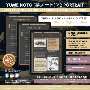 Digital Notebook V2 Yume Noto NozomuNoto Japanese Multipurpose Minimalist ADHD Bullet Journal Hyperlinked PDF Goodnotes Notability Android Tablet iPad Student Study Teacher Travel Cornell Grid Lines Dotted Template Noteshelf Noteful Kilonotes Collanote Zoomnotes Samsung Xodo