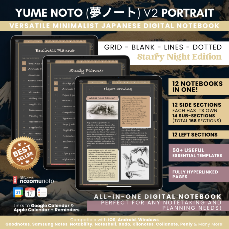 Digital Notebook V2 Yume Noto NozomuNoto Japanese Multipurpose Minimalist ADHD Bullet Journal Hyperlinked PDF Goodnotes Notability Android Tablet iPad Student Study Teacher Travel Cornell Grid Lines Dotted Template Noteshelf Noteful Kilonotes Collanote Zoomnotes Samsung Xodo