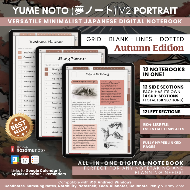 Digital Notebook V2 Yume Noto NozomuNoto Japanese Multipurpose Minimalist ADHD Bullet Journal Hyperlinked PDF Goodnotes Notability Android Tablet iPad Student Study Teacher Travel Cornell Grid Lines Dotted Template Noteshelf Noteful Kilonotes Collanote Zoomnotes Samsung Xodo