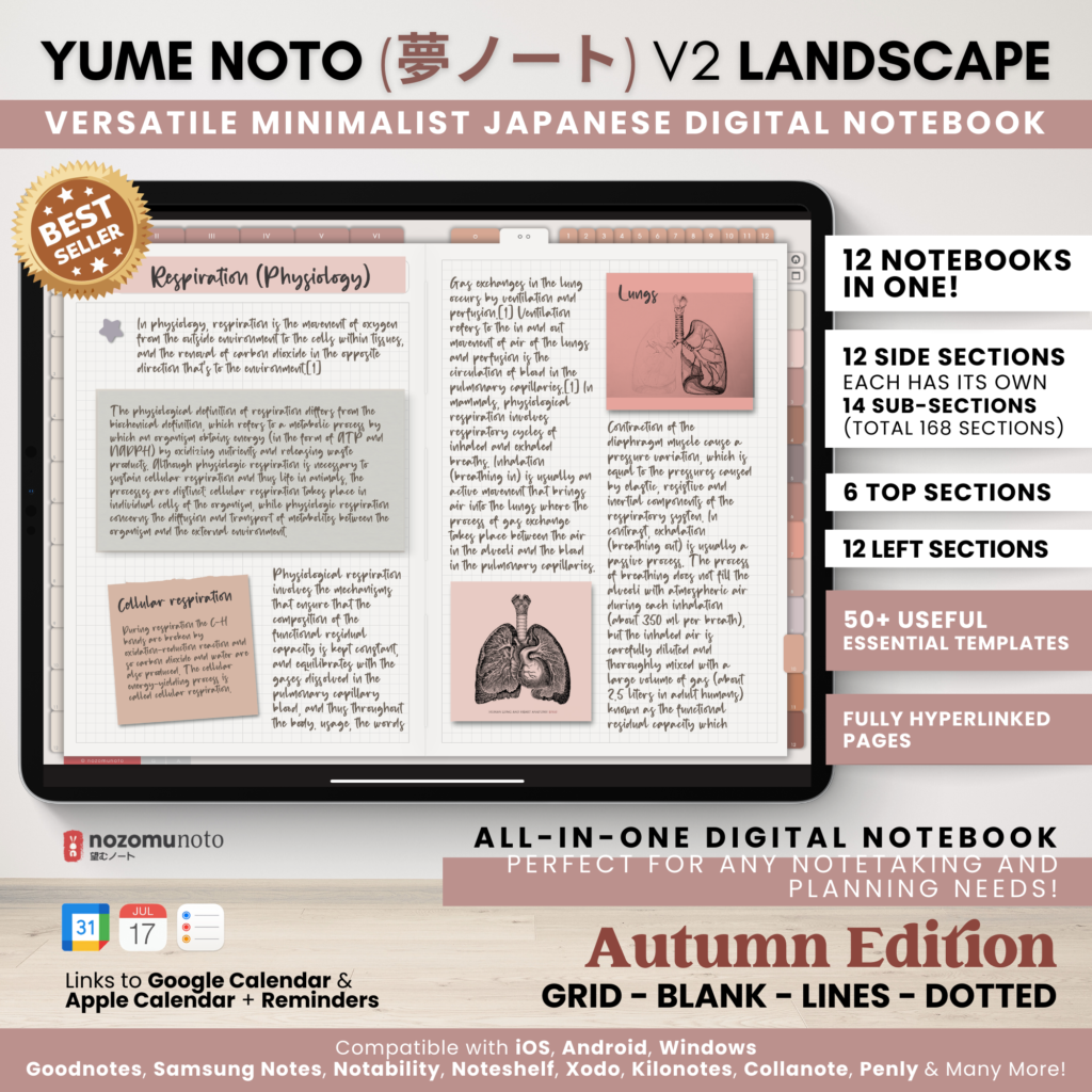 Digital Notebook V2 Landscape Yume Noto NozomuNoto Japanese Multipurpose Minimalist ADHD Bullet Journal Hyperlinked PDF Goodnotes Notability Android Tablet iPad Student Study Teacher Travel Cornell Grid Lines Dotted Template Noteshelf Samsung Xodo