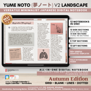 Digital Notebook V2 Landscape Yume Noto NozomuNoto Japanese Multipurpose Minimalist ADHD Bullet Journal Hyperlinked PDF Goodnotes Notability Android Tablet iPad Student Study Teacher Travel Cornell Grid Lines Dotted Template Noteshelf Samsung Xodo