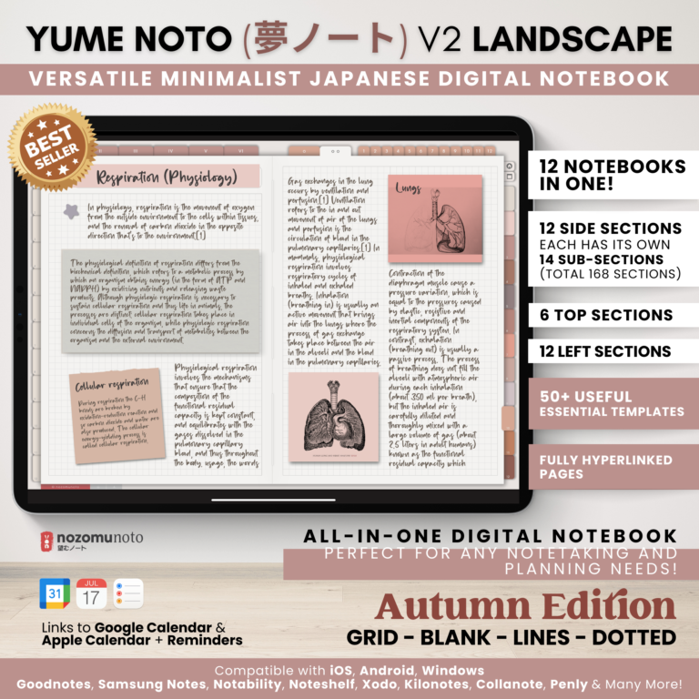 Digital Notebook V2 Landscape Yume Noto NozomuNoto Japanese Multipurpose Minimalist ADHD Bullet Journal Hyperlinked PDF Goodnotes Notability Android Tablet iPad Student Study Teacher Travel Cornell Grid Lines Dotted Template Noteshelf Samsung Xodo